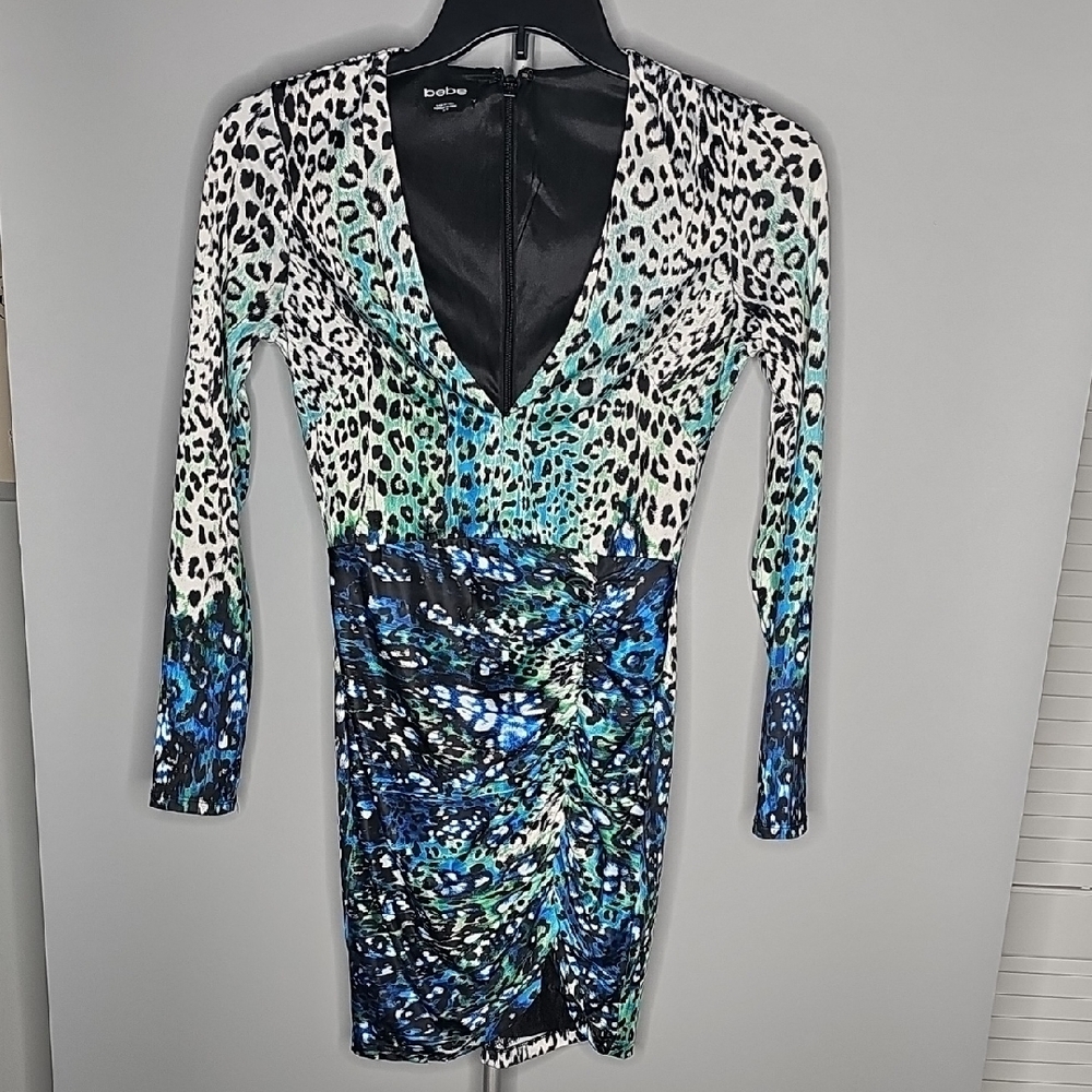 Bebe Black and White Ruched Wrap Dress